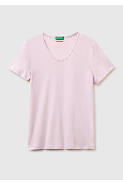 United Colors of Benetton Women's light pink 100% cotton wide v-neck t-shirt