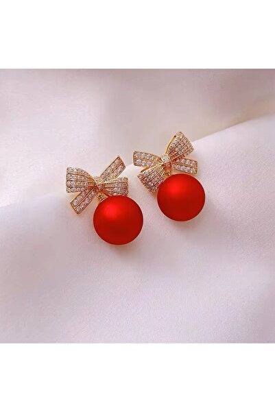 Choice1 A-red Sweet Red Pearl Rhinestone Bow Stud Earrings Temperament Light ...