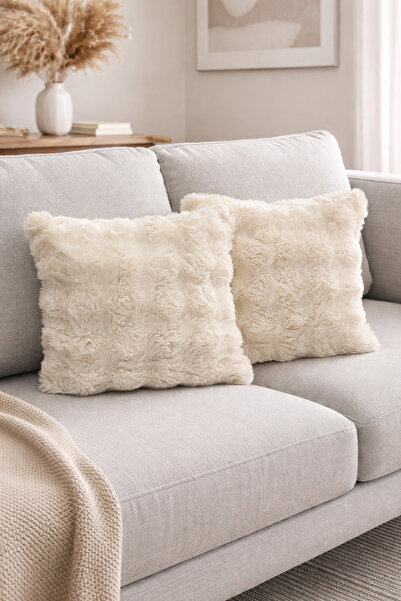 Bottega Home Krem Bubble Desenli Peluş Çift Taraflı 2'li Kırlent Kılıfı (40x4...