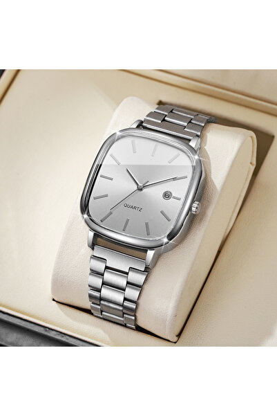 Choice ساعة رجالية أنيقة مربعة الشكل، فضية وبيضاء، بدون علبة، تعمل بنظام تناظ...