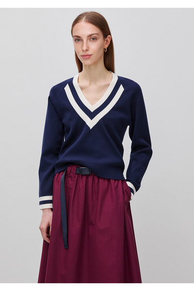 United Colors of Benetton Women's Navy Blue Viscose Blended Striped Raglan Sl...