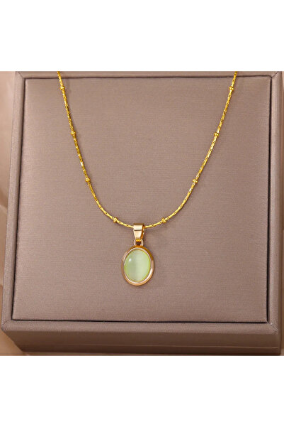 Choice قلادة بيضاوية الشكل، بسلسلة ذهبية رقيقة، لون أخضر فاتح، طولها 45 سم، ل...