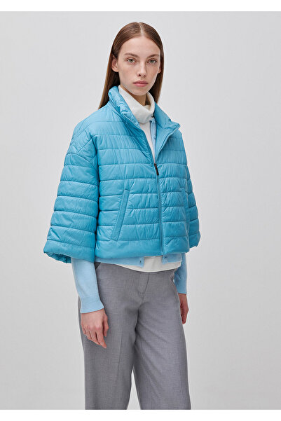 United Colors of Benetton Women's Light Blue Ribbed High Collar Jacket with P...