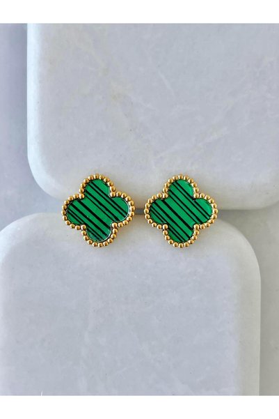 Seda Bijuteri Steel Four Leaf Clover Earrings Green