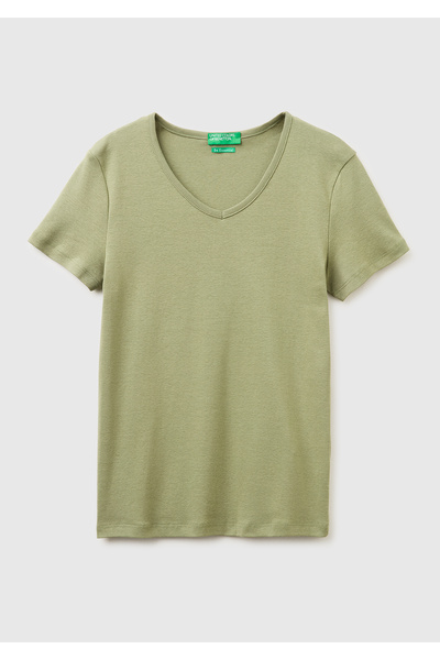 United Colors of Benetton Women's Khaki 100% Cotton Wide V-Neck T-Shirt