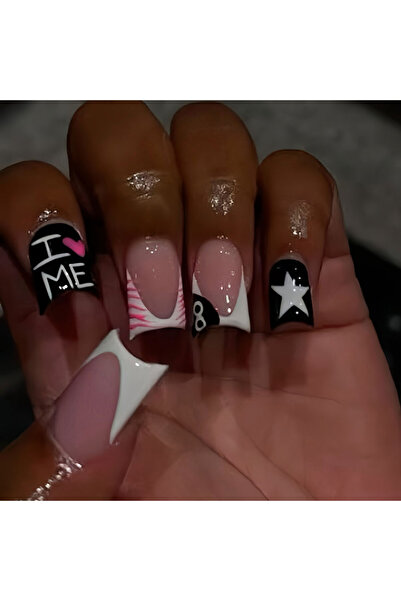 choice2 4560، 24 قطعة، أظافر صناعية طويلة سوداء اللون، أطراف فرنسية، مزينة بز...