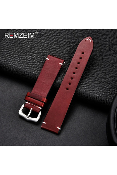 Choice4 سوار ساعة جلد عتيق بلون أحمر خمري، مطلي بالشمع الزيتي، مقاس 22 مم، مت...