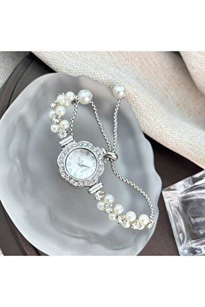 Choice1 سوار فضي مزدوج الصف من اللؤلؤ، يُفتح بالسحب، علبة مرصعة بالألماس، مقي...