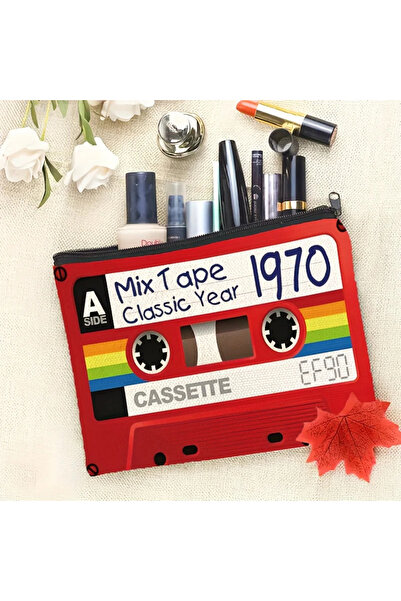 Choice حقيبة مكياج بتصميم شريط كاسيت عتيق، مقاس 18×25 سم - حقيبة سفر قابلة لل...