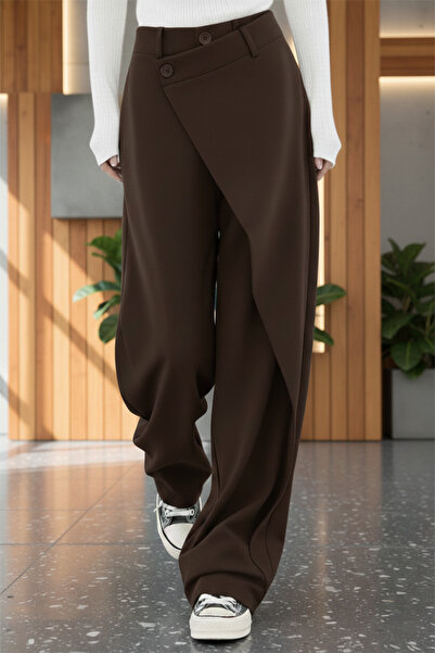 nurbeli Women's Button Closure Asymmetrical Design Palazzo Pants