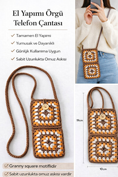 Hobi Kafe Brown Orange Hand Knitted Motif Phone Bag