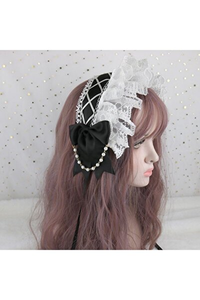 Choice7 طوق رأس أسود بتصميم لوليتا أنيق للنساء، مزين بفيونكة من دانتيل مكشكش ...