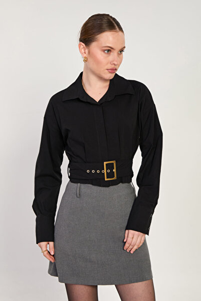 BARRELS AND OIL Women's belted, pleated long sleeve short shirt - black