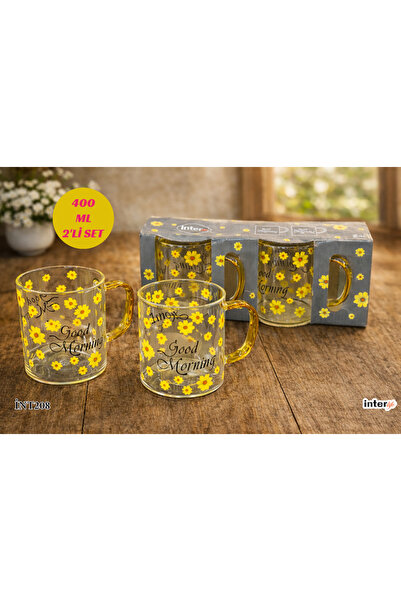 İnterlife Papatya Desenli Cam Kupa Bardak 400 ML 2’li Set | Good Morning Yazı...