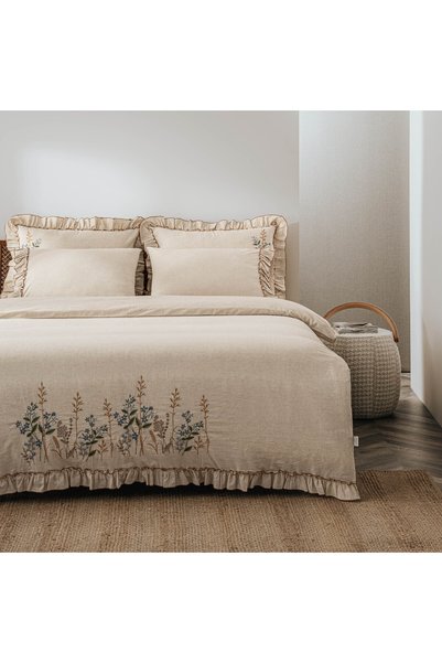 Ecocotton Latifa Double Duvet Cover Set 100% Organic Cotton Linen Embroidered Beige 200X220 cm