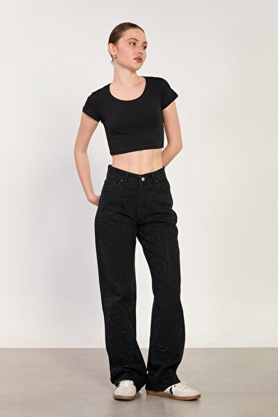 BARRELS AND OIL Women's J63 Spreader Stone Printed Palazzo Jean Trousers - Black