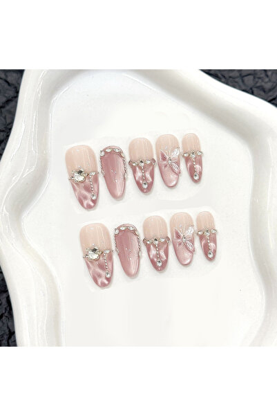 Choice5 M 10pcs Handmade Press on Nails Pink Butterfly Design Fake Nails Wear...