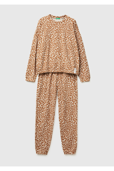 United Colors of Benetton Γυναικείο Σετ Πιτζάμες Ανοιχτό Καφέ επένδυση fleece...