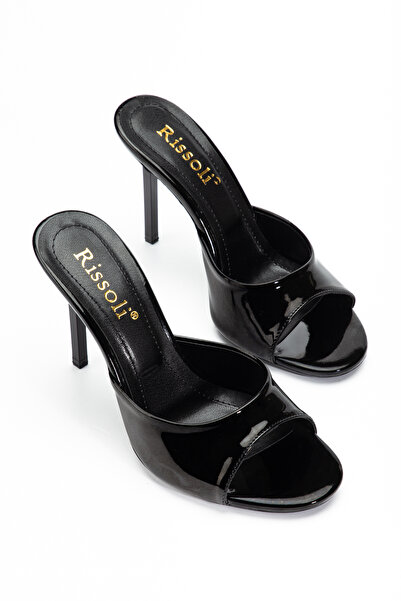 RİSSOLİ Women's Black Patent Leather Round Toe Heeled Sandals