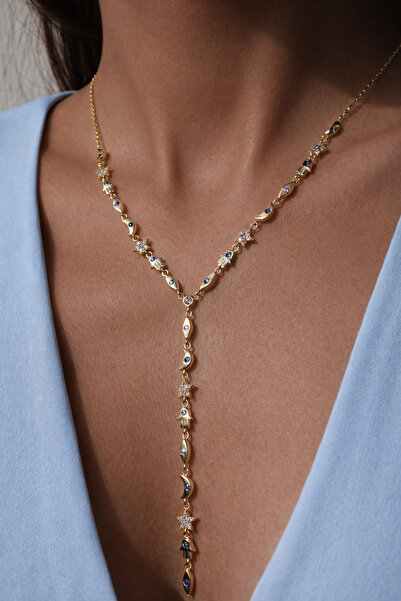 neslyaccessories Fatma Ana Eli Moon & Star Detailed Y Model Necklace