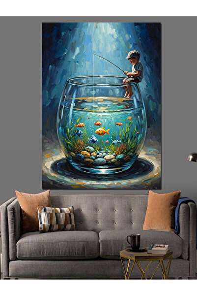 Artmeg Akvaryum İçinde Balık Tutan Çocuk Dekoratif Kanvas - Mdf Ahşap Tablo