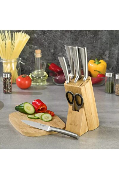 Kinghoff Set of knives, scissors and wooden stand, 7 pieces,