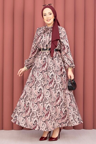 EBRUTESETTÜR Shawl Patterned Waist Gathered Hijab Dress Burgundy