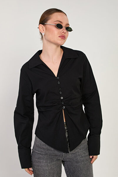 BARRELS AND OIL Women's Drape Detailed Thick Cuffed Shirt - Black