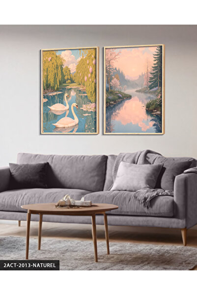 Evinemoda Swans and Landscape 2 Pieces Wooden Framed Painting Act