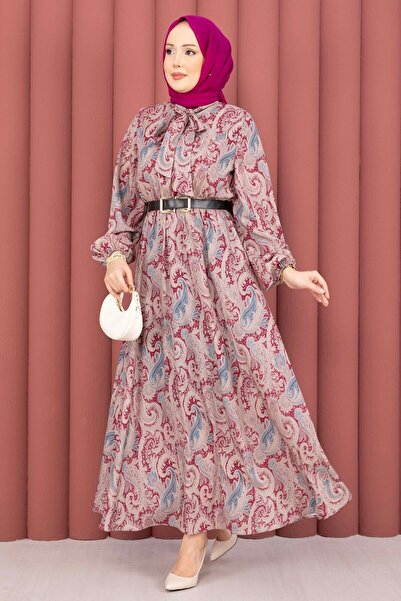 EBRUTESETTÜR Shawl Patterned Waist Gathered Hijab Dress Fuchsia