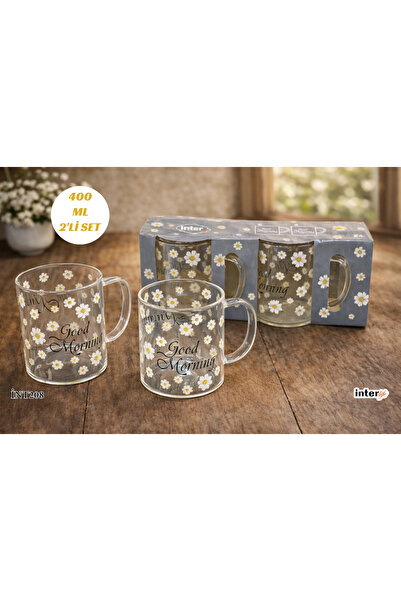İnterlife Papatya Desenli Cam Kupa Bardak 400 ML 2’li Set | Good Morning Yazı...