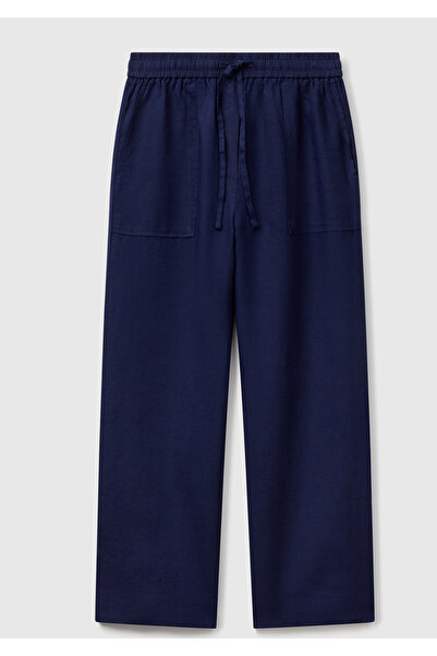 United Colors of Benetton Women's navy blue 100% linen drawstring pocketed ci...