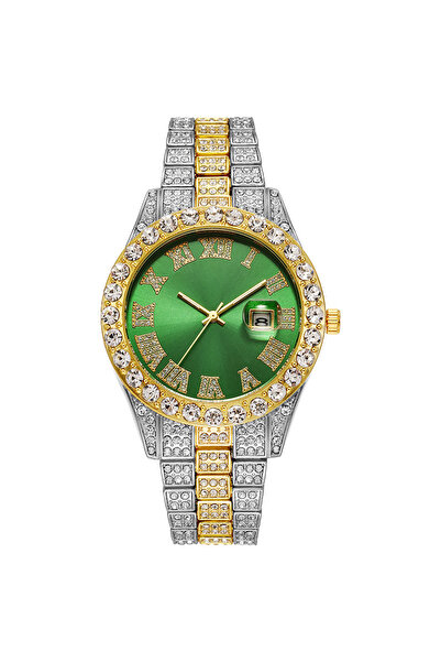 Choice1 green Luxury Hip Hop Stainless Steel Gold Color Calendar Watch For Me...