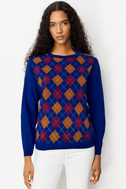 Desen Triko Women's Crew Neck Wool Sweater with Diamond Pattern on the Front,...