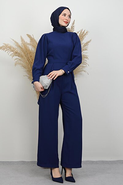 lizatesettür Arkası Parça Detaylı Tesettür Tulum Lacivert