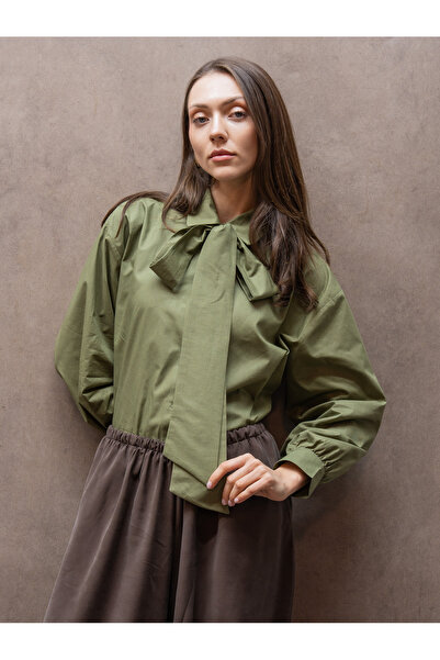 KÜÇÜĞÜM BUTİK Khaki Green Poplin Shirt with Tie Detail