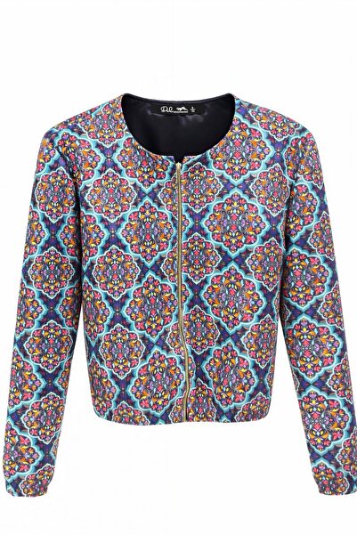 Ded COLLECTION Women's Turquoise Bohemian Style Geometric Patterned Bomber Ja...