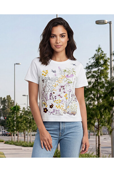 REDTAG Women White Embroidered Front T-shirt