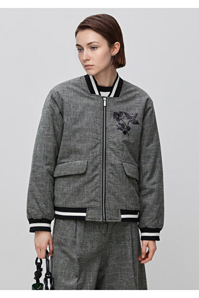 United Colors of Benetton Women's grey cotton blend plaid patterned bomber ja...