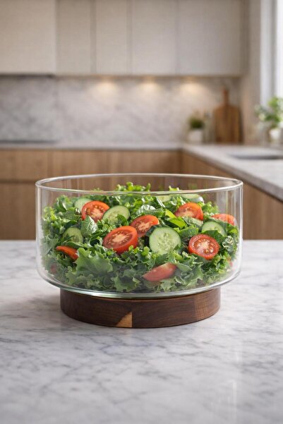 İLİVA Glass Salad Bowl with Acacia Legs – Transparent Large Serving & Present...