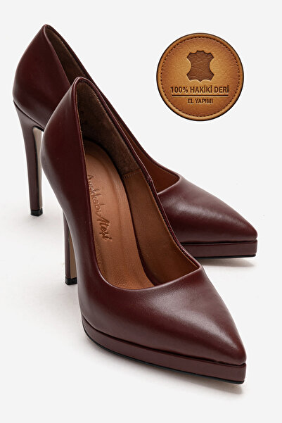 Ayakkabı Ateşi Genuine Leather Women's Burgundy Skin Platform Heeled Shoes Po...