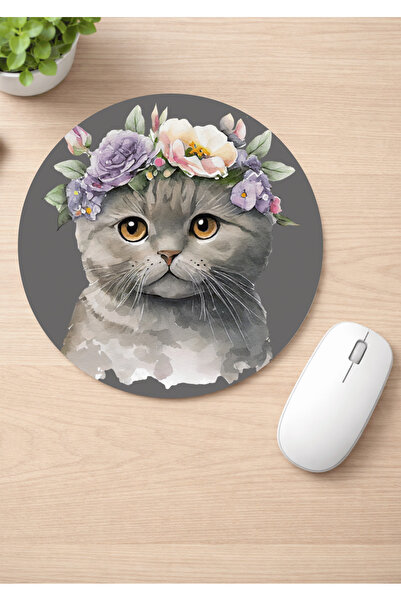 Eylül Design Floral Cats Printed Round Non-Slip Mousepad Ergonomic Mouse Pad