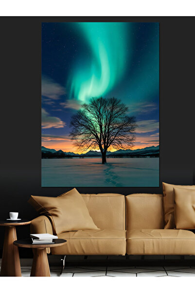 Artmeg Kuzey Işıkları Ve Tek Ağaç Dekoratif Kanvas - Mdf Ahşap Tablo