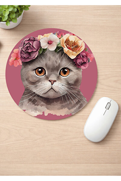 Eylül Design Floral Cats Printed Round Non-Slip Mousepad Ergonomic Mouse Pad