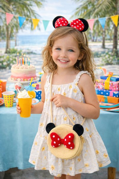 Memo Gentuță Fetițe Tip Minnie, Rotundă din Paie Naturale, cu Fundiță Roșie și Urechi 3D, Model Vacanță
