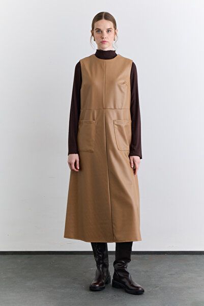 Manuka Pocket Detail Leather Dress Camel