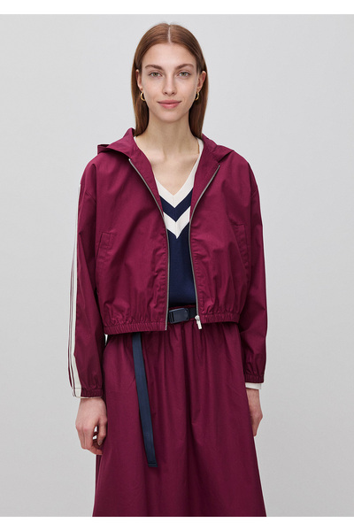 United Colors of Benetton Women's Burgundy 100% Cotton Striped Zippered Hoode...