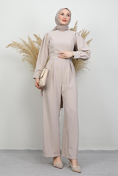 lizatesettür Arkası Parça Detaylı Tesettür Tulum Vizon