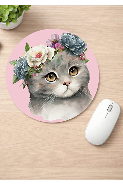 Eylül Design Floral Cats Printed Round Non-Slip Mousepad Ergonomic Mouse Pad