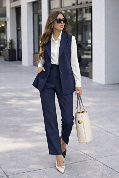 MADAME MELEK Zr Model Brand Padded Vest Pants Suit - Carrot Pants Long Vest S...